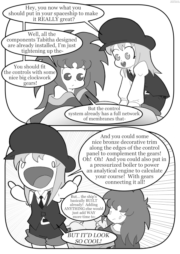 Drawing characters TALKING about steampunk gear is a lot easier than actually DRAWING steampunk gear