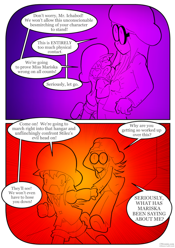 At first I was going to make a joke about this page being all-redhead, but then I remembered that even if I DIDN'T slap color gradients on everything to get the page done faster, any casual readers still wouldn't have been able to tell that Ichabod and May's hair is the same color.